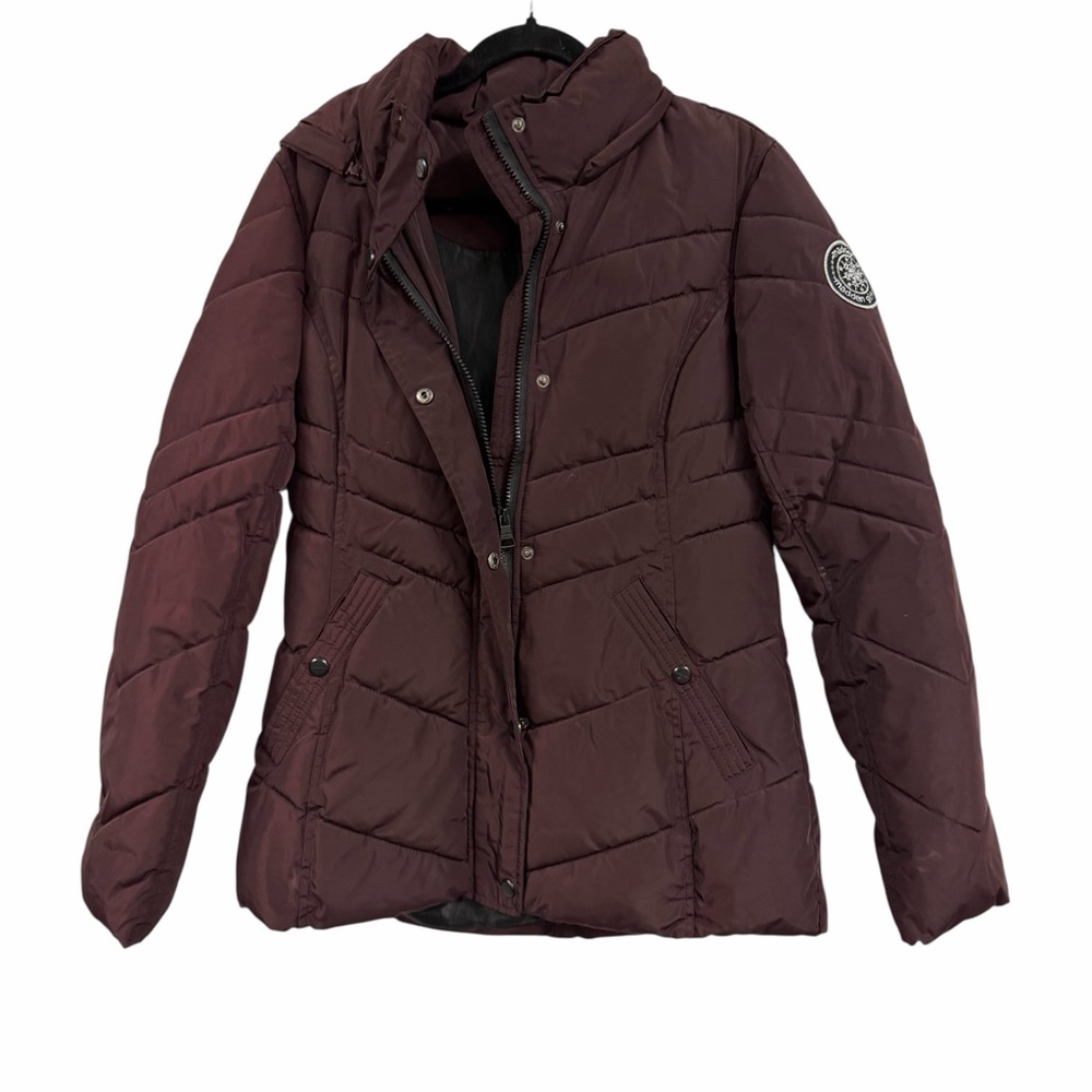 Madden Girl Burgundy Puffer Jacket Women Hooded Quilted Coat Winter Zip Snap